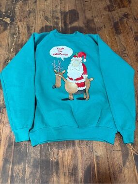 Vintage Hanes Santa Yeah Ho Whatever Funny Pull Over Sweater Size Large  Teal
